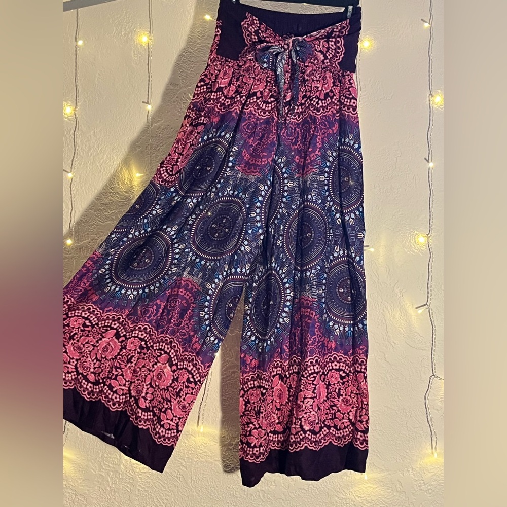 Flowy patterned pants set stretchy roomy 1 green, 1 pink purple, with tie waist